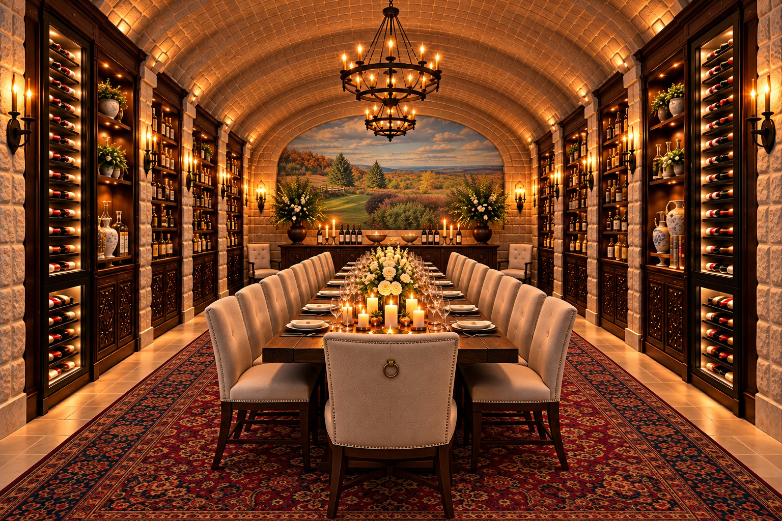 AI rendering of the planned Sol Y Mar Speakeasy, with stone-vaulted ceilings, wine displays and a long dining table
