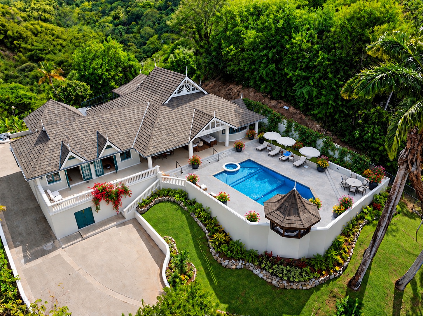 Sol Y Mar villa and private pool surrounded by tropical gardens